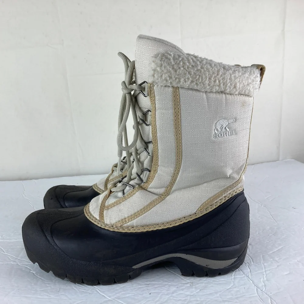 Sorel Winter Snow Boots Women 8 Cream Black Thinsulate Faux Fur Gorpcore Warm‎